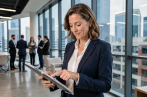 Femme d'affaires professionnelle consultant une tablette dans un bureau moderne avec vue sur la ville, tendances du monde des affaires 2024