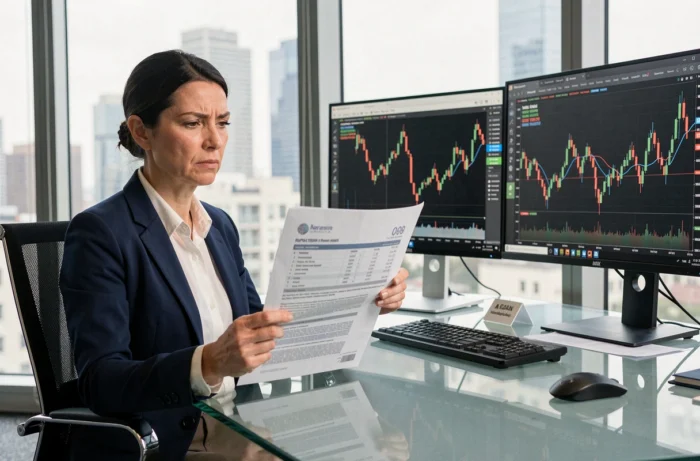 Femme professionnelle analysant d'un air sceptique des données financières négatives sur un site de trading en ligne