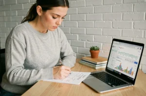 Femme analyste SEO annotant un rapport d'audit sur un bureau minimaliste avec un ordinateur affichant Google Search Console