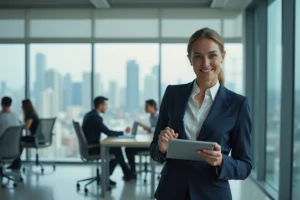 Femme cadre en blazer marine consultant une tablette dans un bureau moderne avec vue sur la ville, illustrant les tendances business 2024