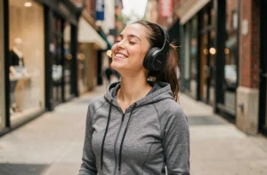 Jeune femme souriante portant un casque audio sans fil en marchant en ville, musique dynamique et motivation au quotidien