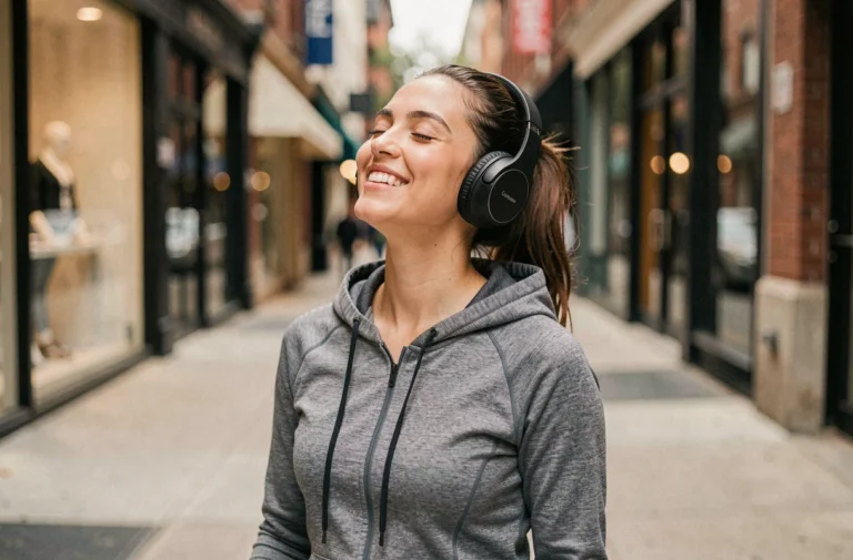 Jeune femme souriante portant un casque audio sans fil en marchant en ville, musique dynamique et motivation au quotidien