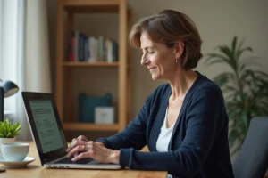 Femme d'une cinquantaine d'années configurant AOL Mail en français sur un ordinateur portable dans un bureau à domicile