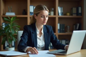 Femme de 40 ans consultant son compte CPF sur un ordinateur portable dans un bureau à domicile moderne