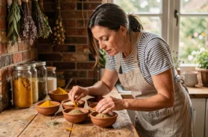 Femme explorant des épices colorées dans une cuisine rustique avec des bols en céramique sur un comptoir en bois