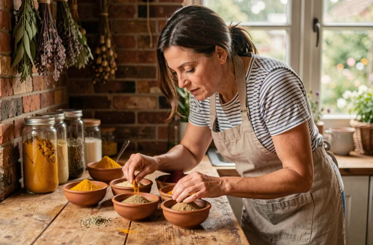 Femme explorant des épices colorées dans une cuisine rustique avec des bols en céramique sur un comptoir en bois