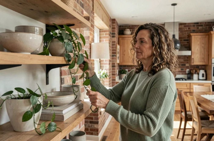 Femme stylisant des étagères ouvertes avec des céramiques et des plantes dans un espace salon cuisine