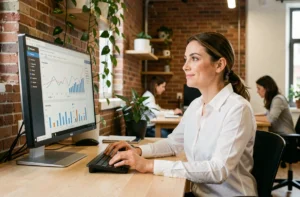 Femme entrepreneur analysant les performances de son business en ligne sur un écran d'ordinateur dans un espace de coworking moderne