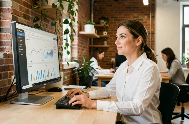 Femme entrepreneur analysant les performances de son business en ligne sur un écran d'ordinateur dans un espace de coworking moderne