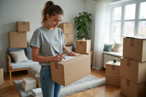Femme organisant ses cartons de déménagement en les étiquetant soigneusement dans un appartement moderne