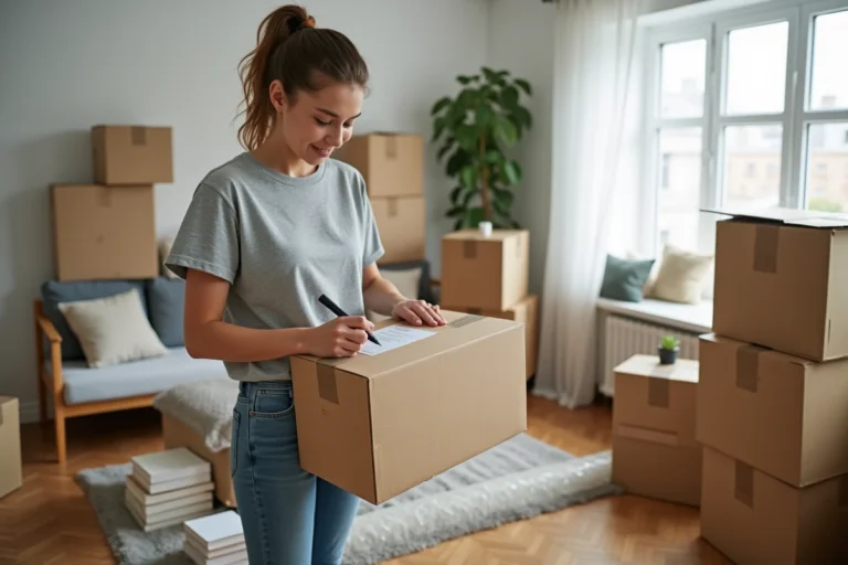 Femme organisant ses cartons de déménagement en les étiquetant soigneusement dans un appartement moderne