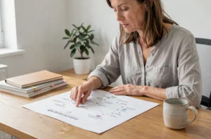 Femme étudiant un plan de site imprimé sur un bureau en bois dans un bureau minimaliste