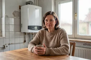 Femme en pull de laine dans une cuisine bruxelloise avec une chaudière récente au mur malgré une sensation de froid persistante