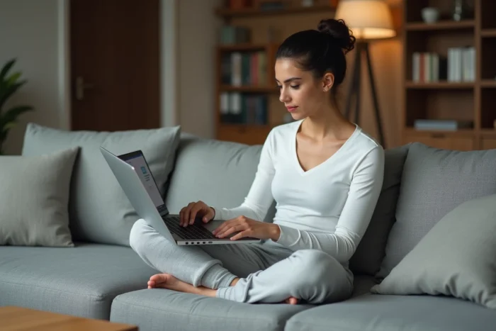 Femme téléchargeant des fichiers sur son laptop depuis un canapé à la maison