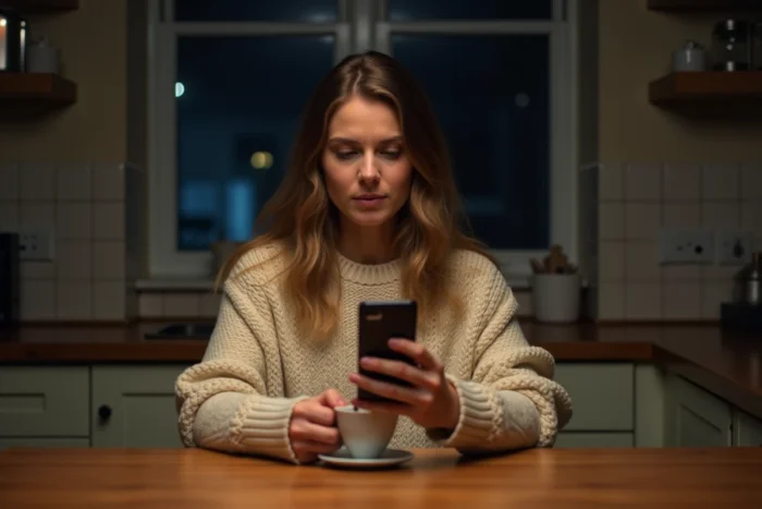 Femme qui envoie un message texte la nuit dans sa cuisine en tenant une tasse de thé