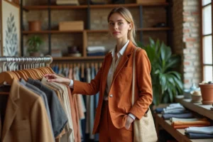 Femme en tenue écoresponsable en lin et coton bio parcourant des vêtements vintage dans une boutique parisienne aux murs en briques apparentes