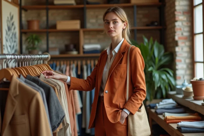 Femme en tenue écoresponsable en lin et coton bio parcourant des vêtements vintage dans une boutique parisienne aux murs en briques apparentes