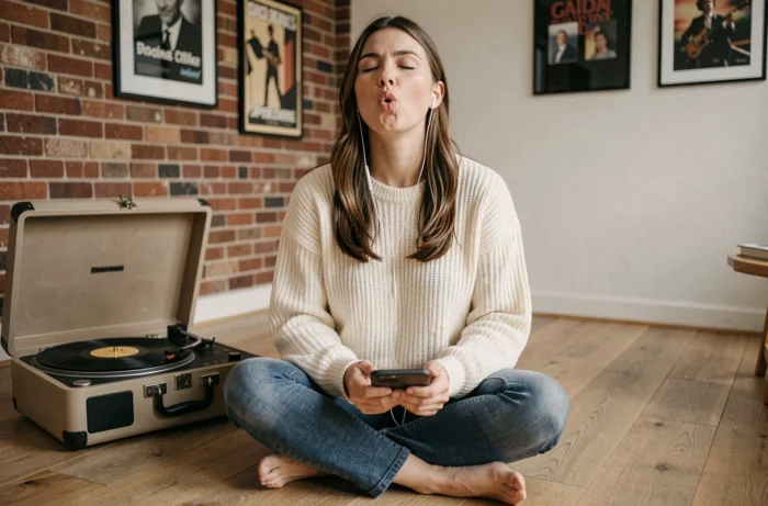 Femme écoutant de la musique dynamique chez elle dans un studio minimaliste avec un tourne-disque, ambiance inspirante et motivante