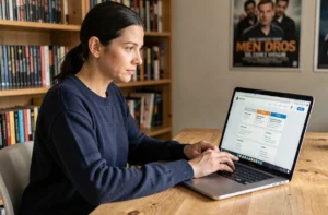 Femme naviguant sur un plan de site de cinéma sur son ordinateur portable dans un bureau à domicile