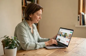 Femme naviguant sur le site Madame Gertrude depuis son bureau à domicile sur un ordinateur portable