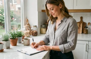 Femme organisée écrivant dans un planificateur hebdomadaire dans une cuisine moderne bien rangée
