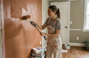 Femme en train de peindre un mur en terracotta dans un salon en cours de rénovation intérieure