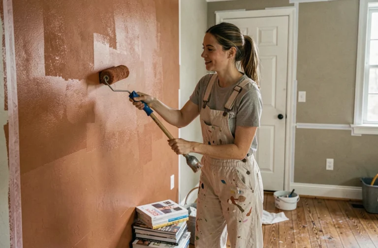 Femme en train de peindre un mur en terracotta dans un salon en cours de rénovation intérieure