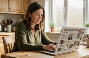 Femme parcourant des petites annonces locales sur un ordinateur portable dans une cuisine chaleureuse