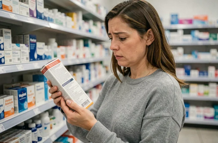 Femme adulte lisant les avertissements sur une boîte de pastilles en pharmacie, vigilance sur les médicaments pour enfants