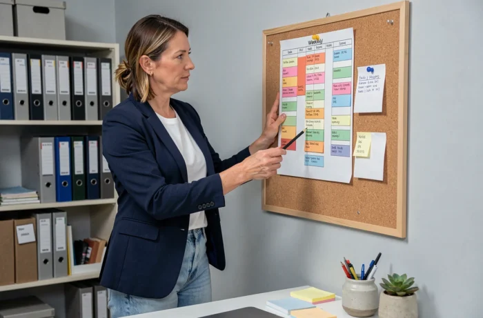 Femme active consultant un planning hebdomadaire coloré dans un bureau à domicile bien organisé