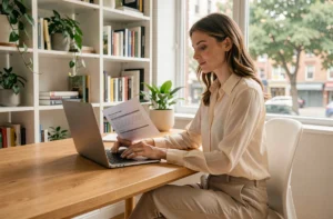 Femme concentrée travaillant sur son ordinateur portable dans un bureau à domicile moderne pour trouver un emploi en toute sérénité