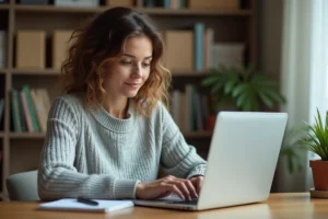 Femme consultant des offres d'emploi sur un ordinateur portable dans un bureau à domicile