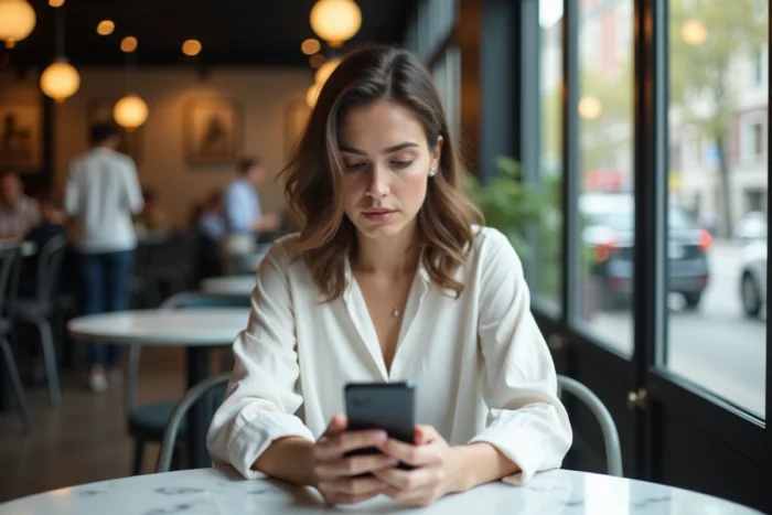 Femme cherchant une nouvelle adresse URL sur son smartphone dans un café moderne