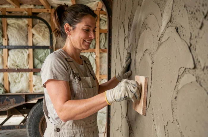 Femme appliquant un enduit en argile naturelle sur la paroi d'un wagon en cours de transformation en maison écologique, avec isolation en laine de mouton visible en arrière-plan
