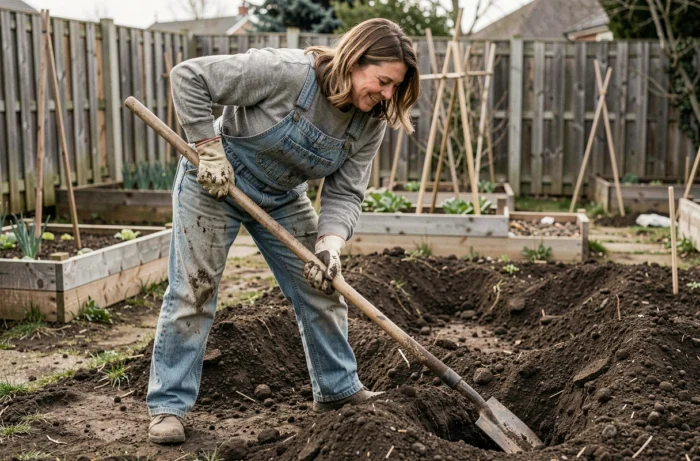 Femme retournant la terre dans un potager au printemps avec une bêche, portant des gants de jardinage et une salopette en jean