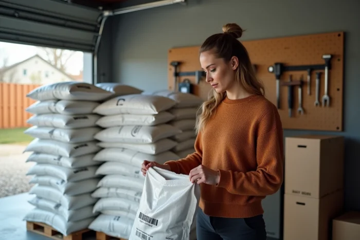Femme lisant l'étiquette d'un sac de pellets stocké dans un garage