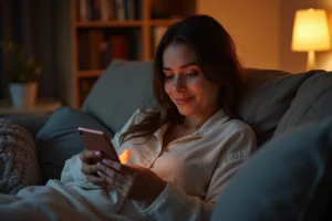 Jeune femme envoyant un SMS tard le soir depuis son canapé avec un sourire discret