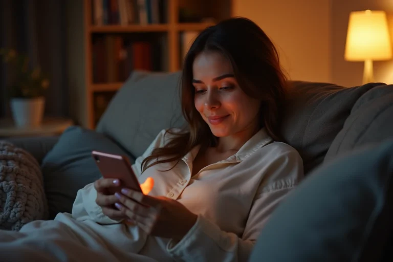 Jeune femme envoyant un SMS tard le soir depuis son canapé avec un sourire discret