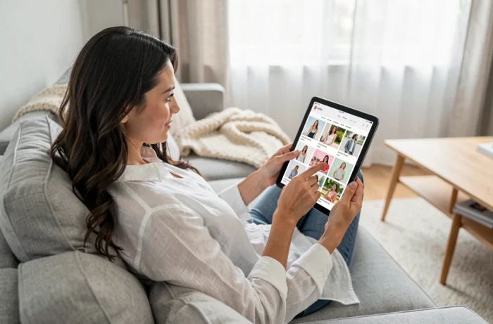 Femme consultant les rubriques du site Madame Gertrude sur une tablette dans son salon