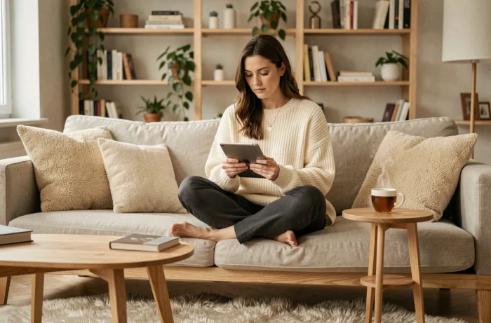Femme détendue utilisant une tablette sur un canapé dans un salon scandinave minimaliste