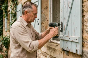 Homme fixant un crochet de volet en bois sur une maison en pierre de style campagne française