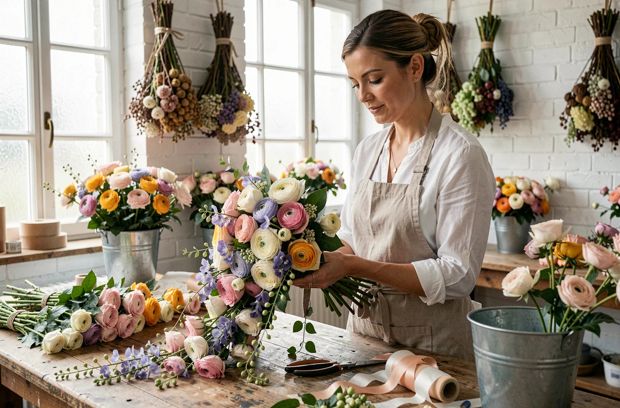 Fleuriste professionnelle préparant un bouquet de mariée dans un atelier parisien artisanal entouré de fleurs fraîches