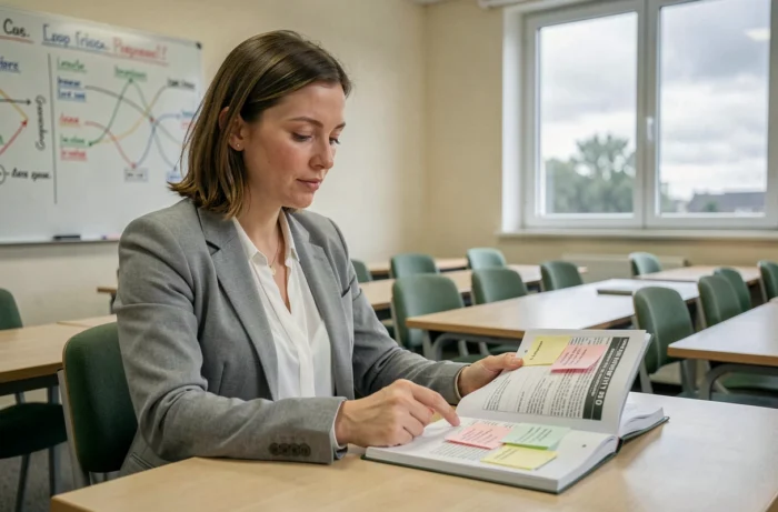 Future monitrice d'auto-école étudiant le code de la route lors d'une formation certifiante en France