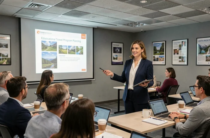Formatrice présentant un programme de formation pour l'organisation de séjours scolaires devant un groupe de professionnels dans une salle de séminaire moderne