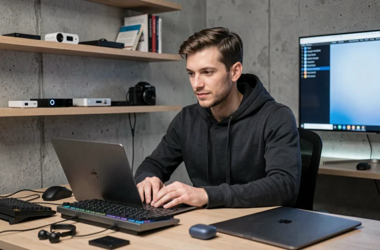 Homme geek travaillant sur un ultrabook entouré de gadgets high-tech dans un bureau moderne en 2024