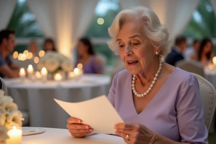 Grand-mère émue lisant un message de félicitations manuscrit pour les parents des mariés lors d'un banquet de mariage