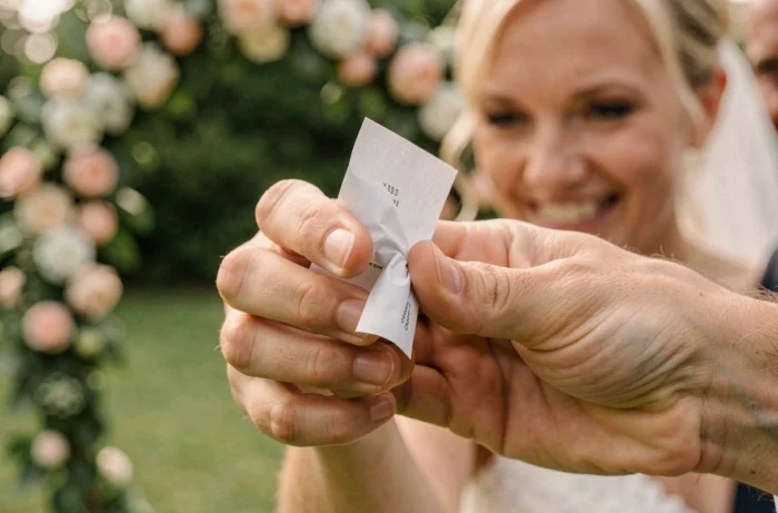 Gros plan sur les mains d'un invité roulant une boulette de papier lors d'un mariage en plein air