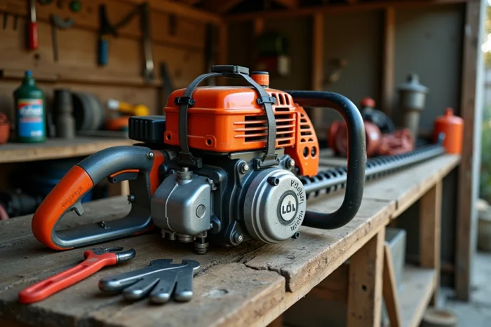 Gros plan du moteur et du harnais d'une débroussailleuse thermique professionnelle posée sur un établi en bois dans un atelier de jardin