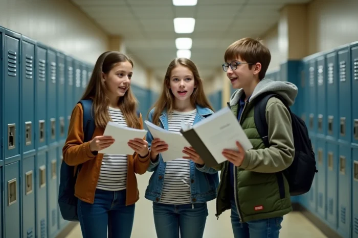 Groupe de collégiens consultant leur liste de classe 2026 dans un couloir d'école