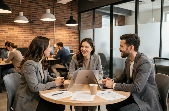 Groupe de professionnels discutant de stratégies de recherche d'emploi autour d'une table dans un espace de co-working moderne